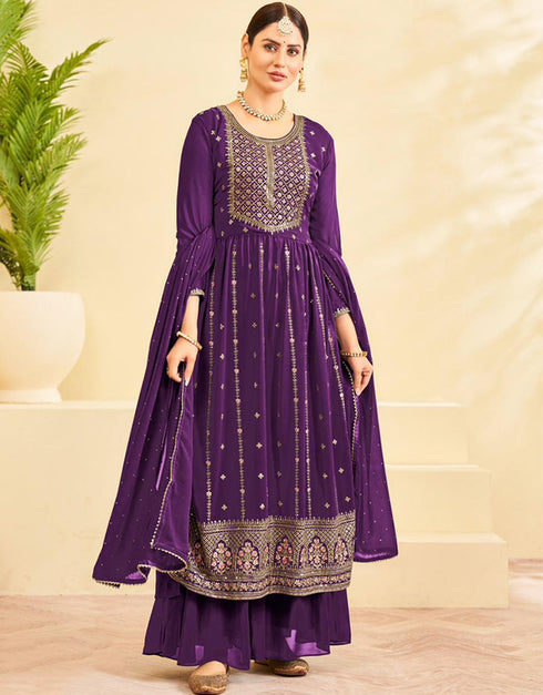Heavy Designer Wedding Wear Georgette Salwar Suit Grape Purple Georgette Sharara Straight Front View